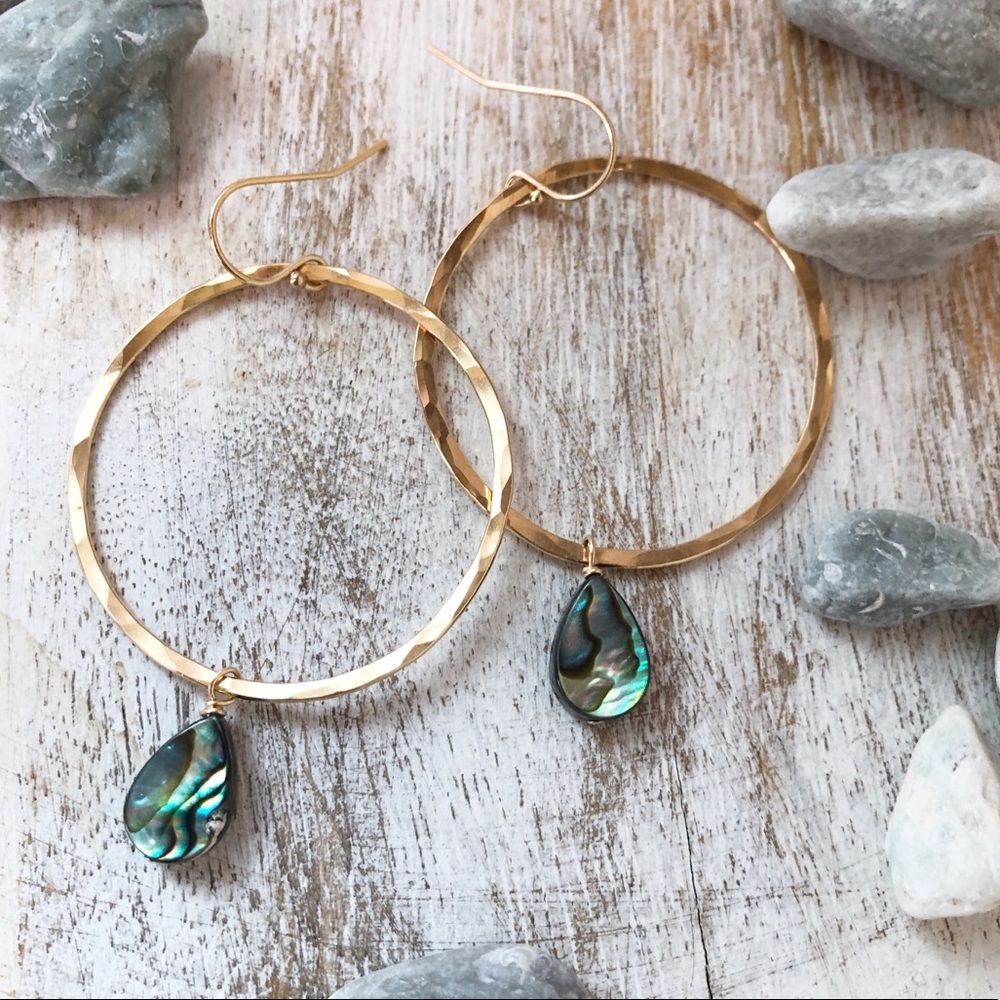 Handmade Gold-Filled Hoop Earrings with Abalone Shell Teardrop